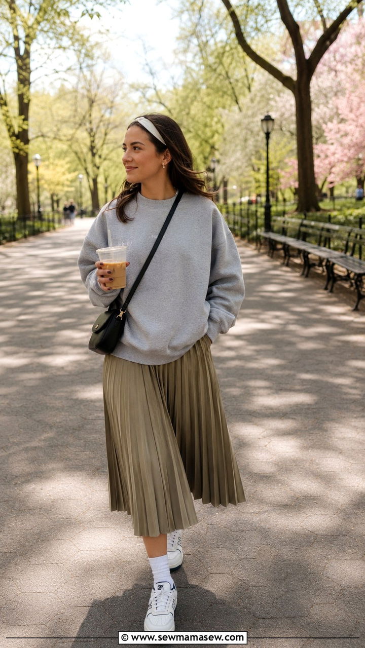 New Balance 550 with Pleated Skirt and Crewneck Sweatshirt - 25 New Balance sneakers outfit ideas