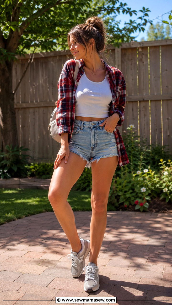 New Balance 574 with flannel and denim cutoffs - 30 How to style New Balance sneakers