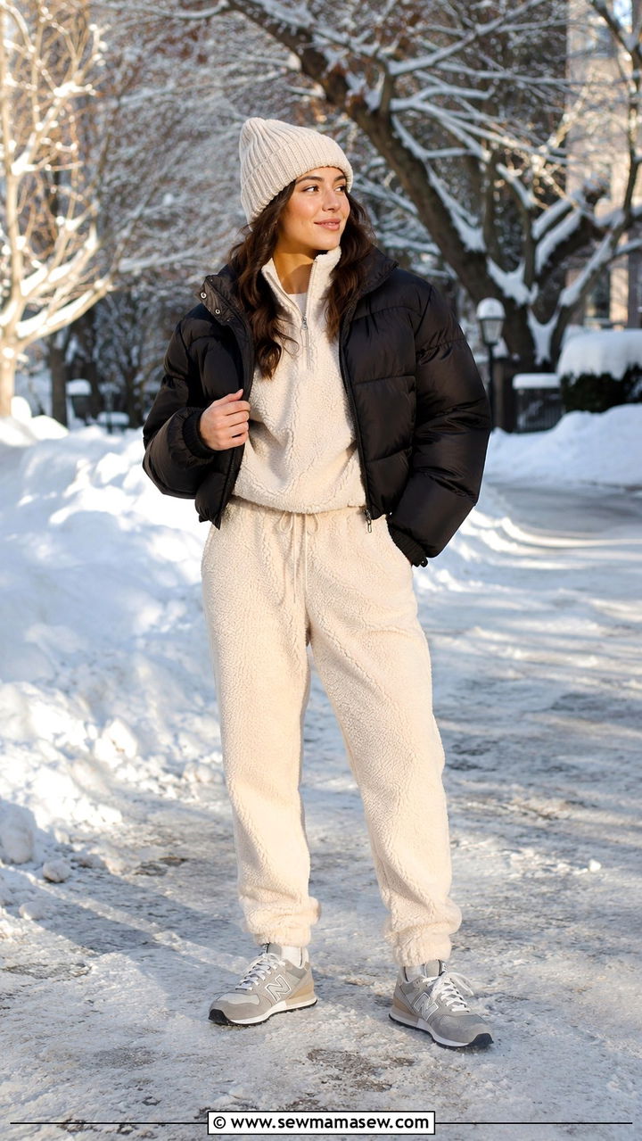 New Balance 574 with puffer jacket and fleece pants - 30 How to style New Balance sneakers