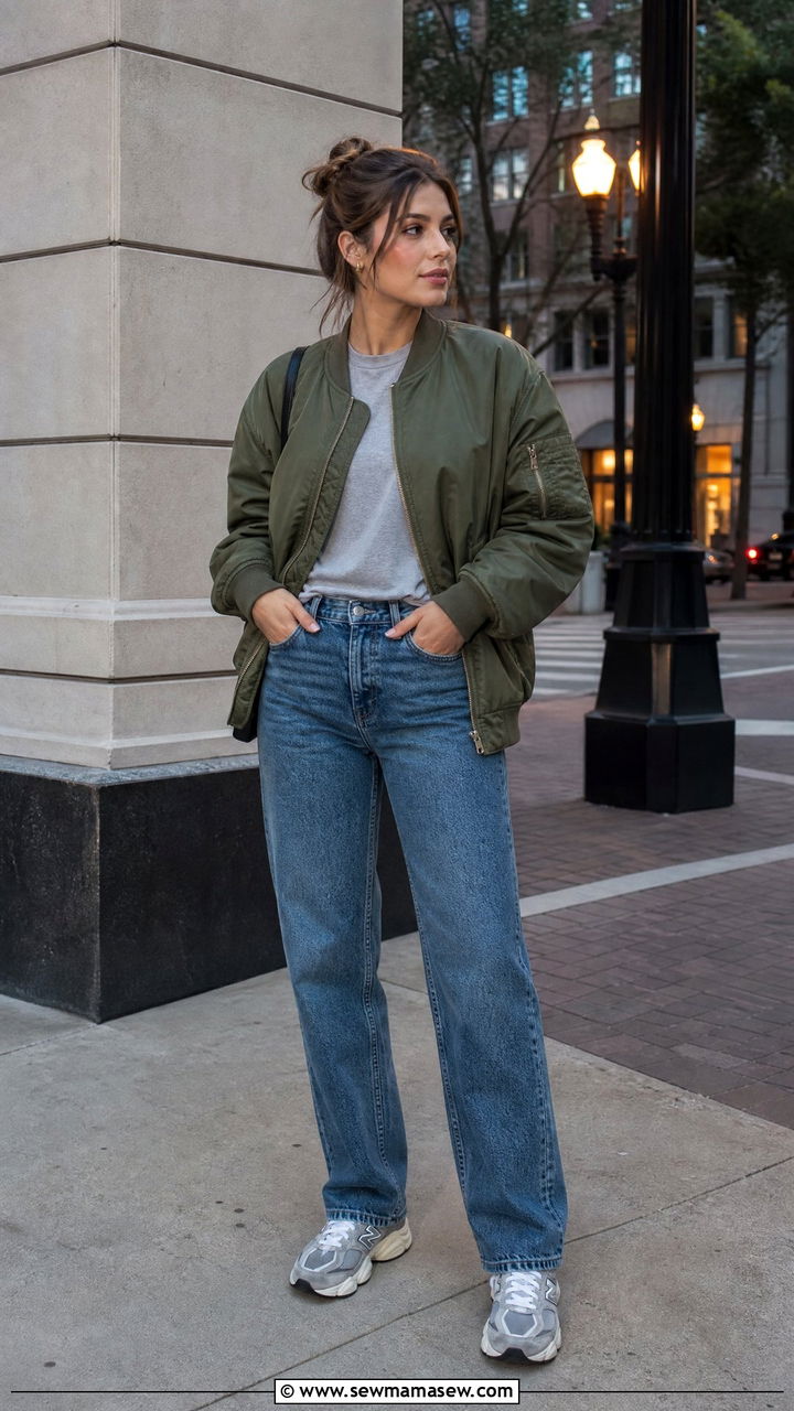New Balance 9060 with bomber jacket and straight leg jeans - 25 Sporty chic outfit ideas with New Balance 9060