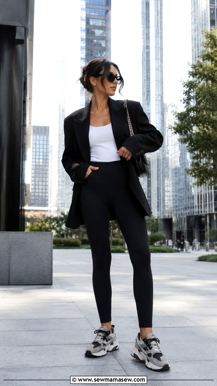 New Balance 9060 with leggings and long blazer - 30 How to style New Balance sneakers