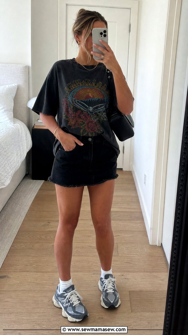 New Balance 9060 with mini skirt and graphic tee - 25 Sporty chic outfit ideas with New Balance 9060