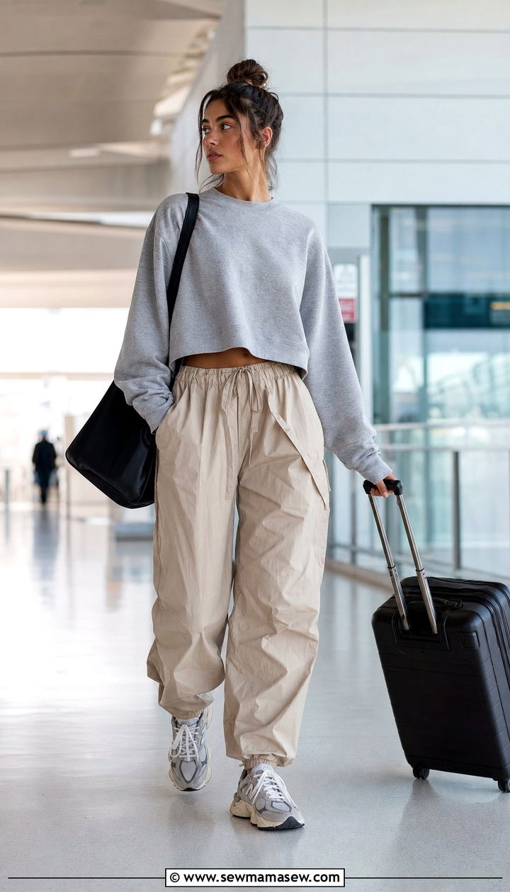 New Balance 9060 with parachute pants and cropped sweatshirt - 25 Sporty chic outfit ideas with New Balance 9060