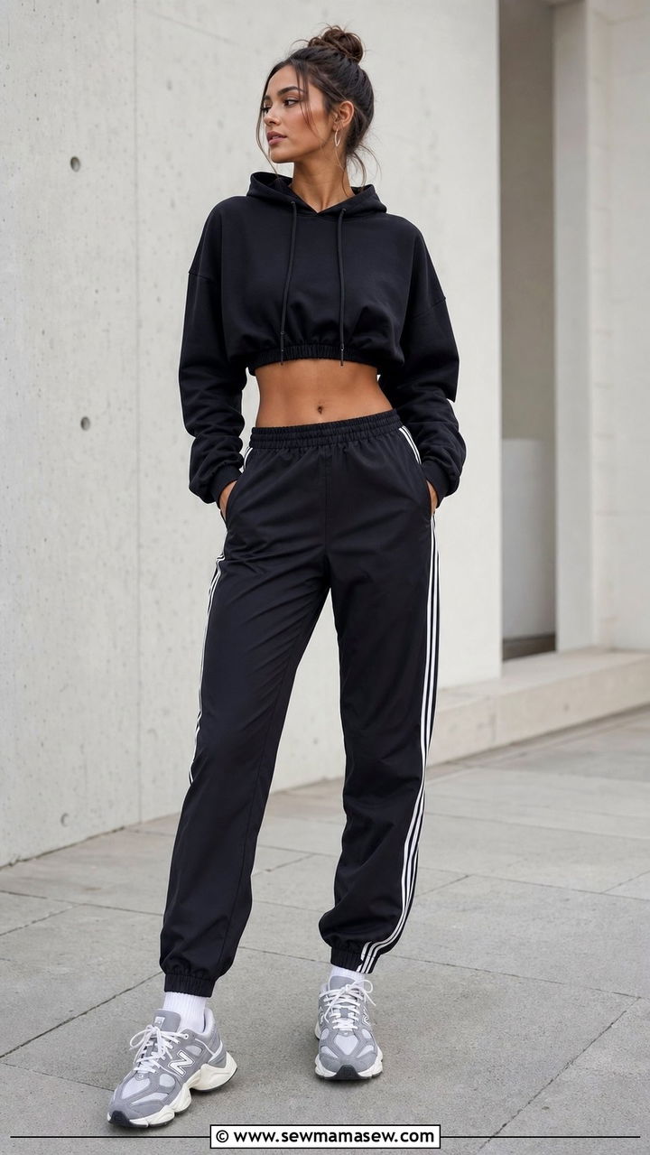 New Balance 9060 with track pants and cropped hoodie - 25 Sporty chic outfit ideas with New Balance 9060