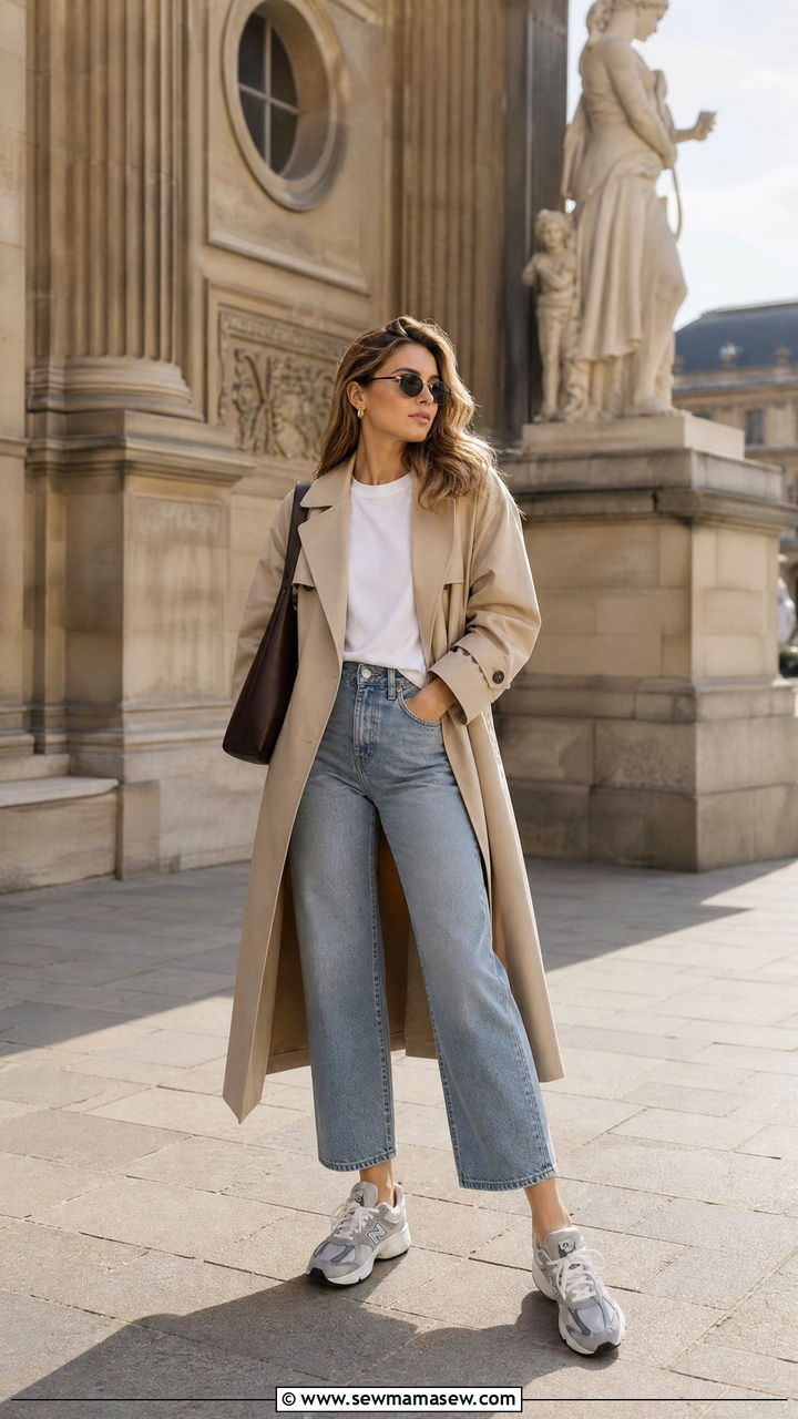 New Balance 9060 with trench coat and cropped jeans - 25 Sporty chic outfit ideas with New Balance 9060