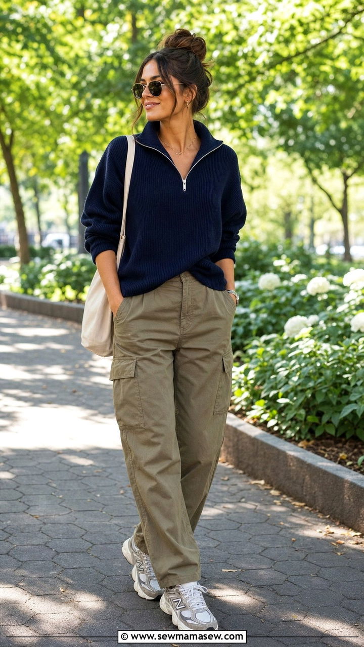 New Balance 9060 with utility pants and quarter zip pullover - 25 Sporty chic outfit ideas with New Balance 9060
