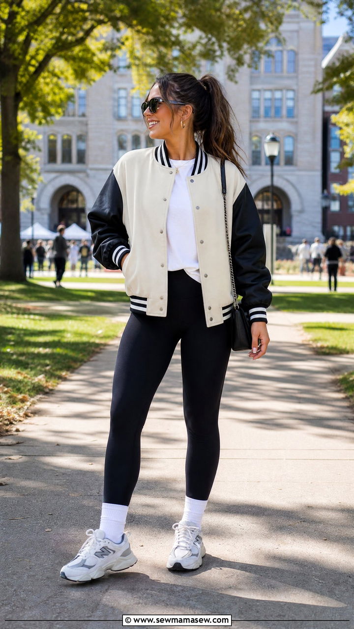 New Balance 9060 with varsity jacket and leggings - 25 Sporty chic outfit ideas with New Balance 9060