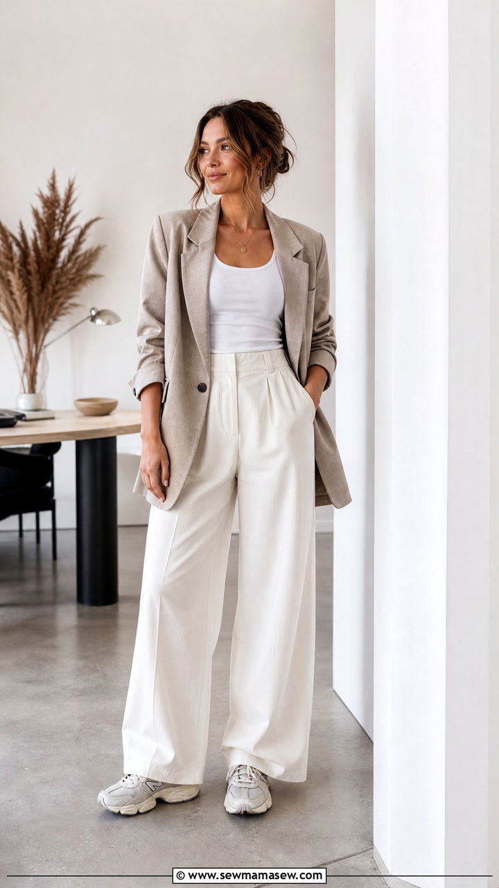New Balance 9060 with wide leg trousers and blazer - 25 Sporty chic outfit ideas with New Balance 9060