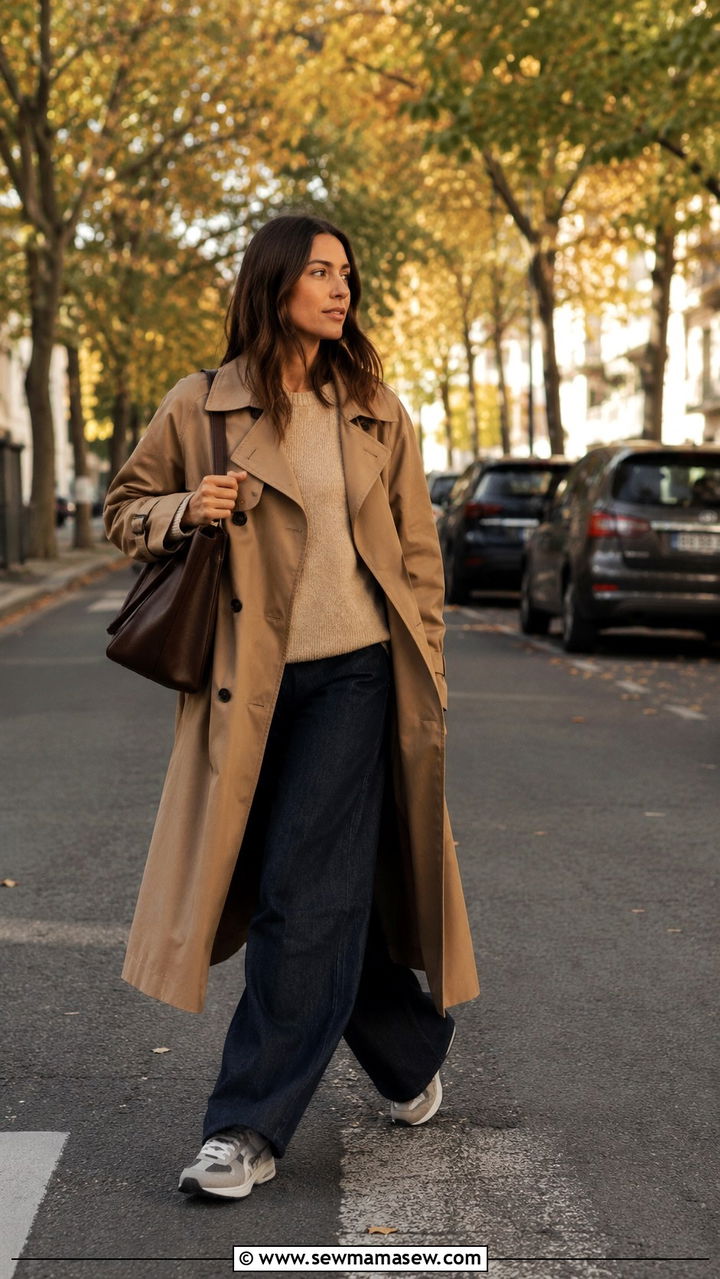New Balance 990 with trench coat and wide leg jeans - 30 How to style New Balance sneakers