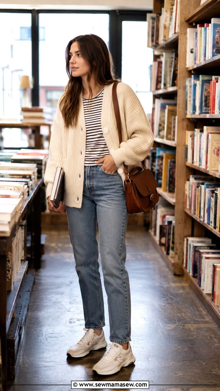 New Balance RC42 with straight leg jeans and cardigan - 30 How to style New Balance sneakers