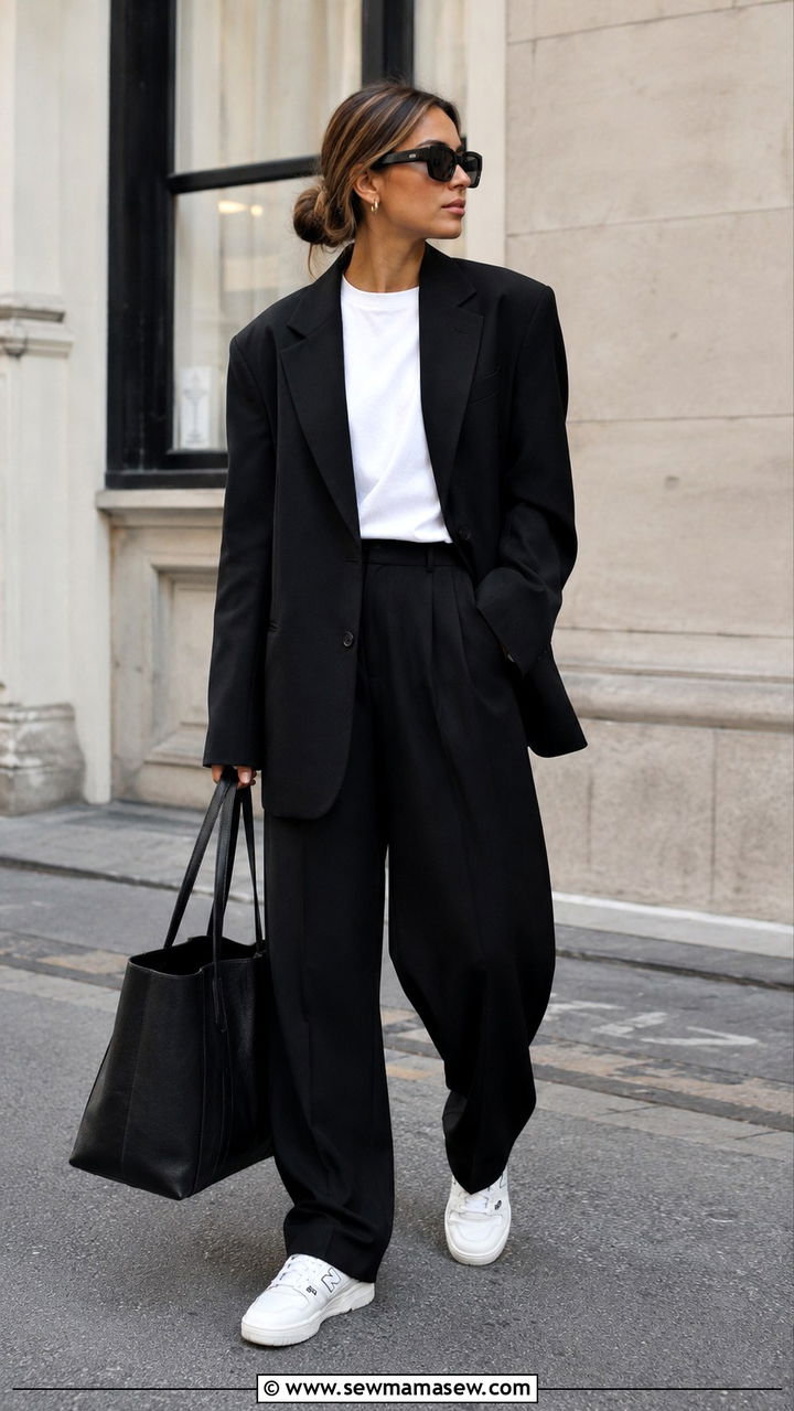 New Balance Sneakers with Oversized Black Suit - 25 New Balance sneakers outfit ideas