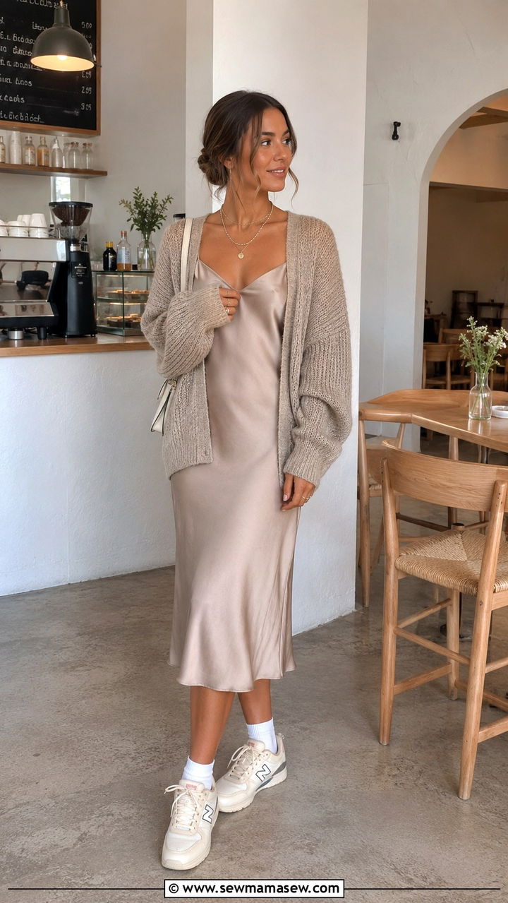 New Balance Sneakers with Slip Dress and Oversized Cardigan - 25 New Balance sneakers outfit ideas