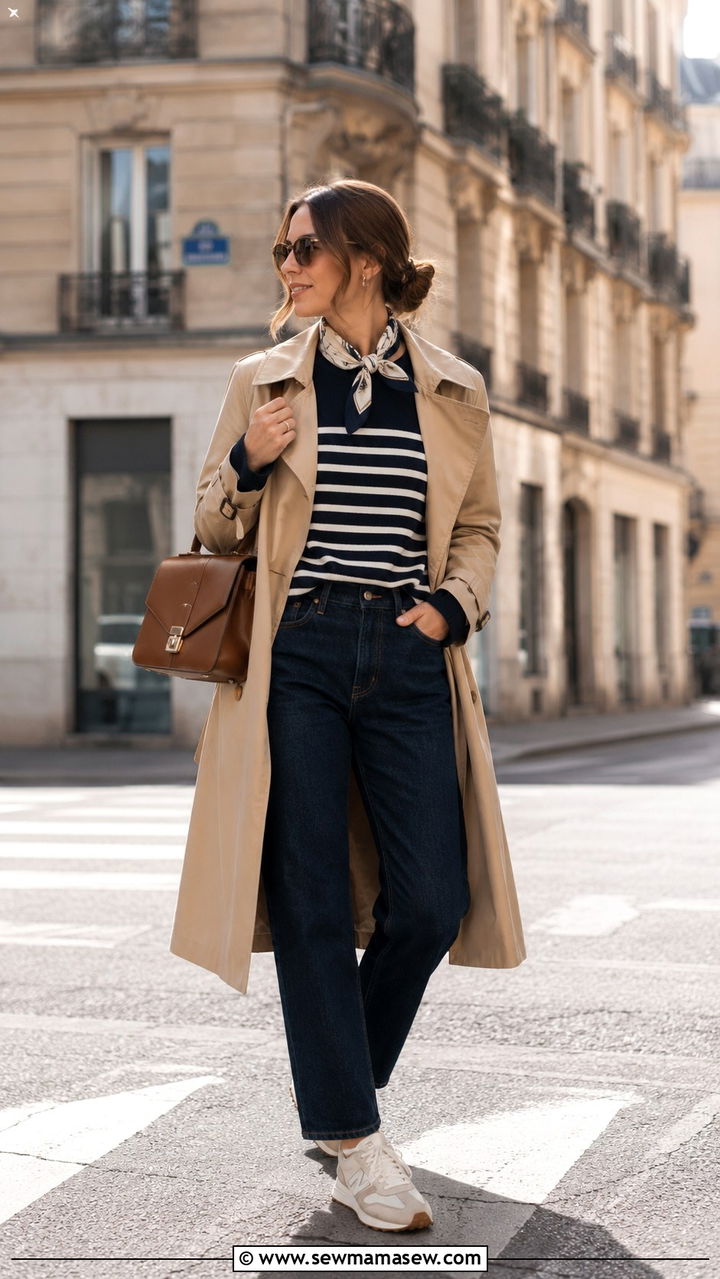 New Balance Sneakers with Trench Coat and Striped Sweater - 25 New Balance sneakers outfit ideas