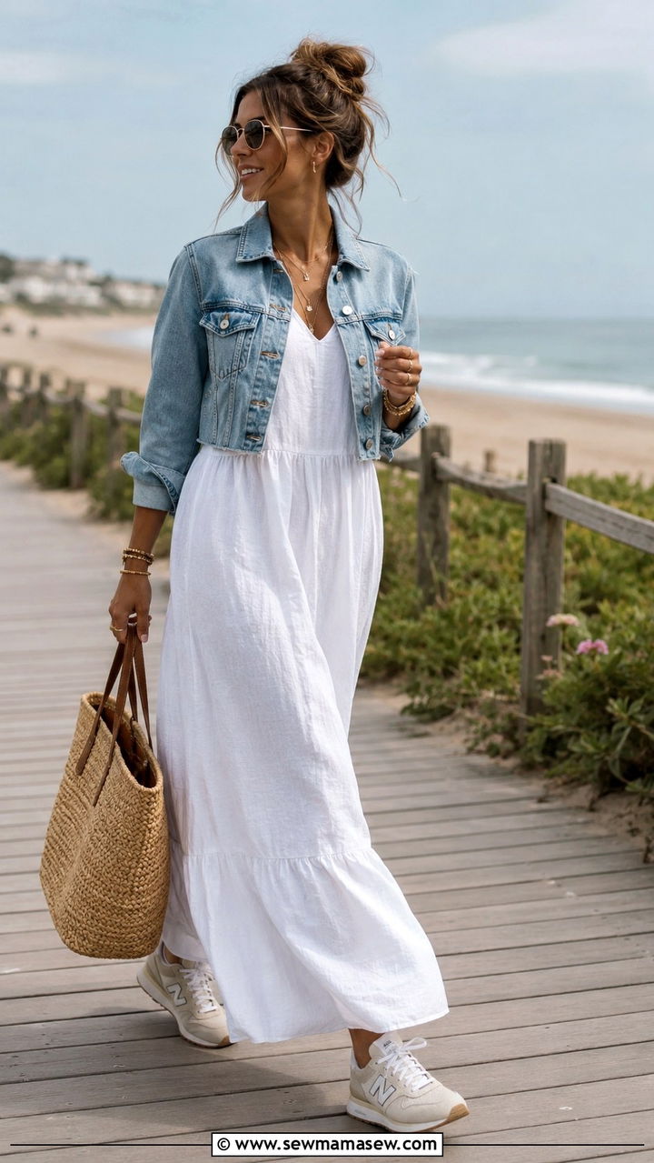 New Balance Sneakers with White Maxi Dress and Denim Jacket - 25 New Balance sneakers outfit ideas