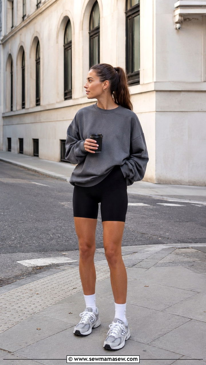 New mom bike shorts and oversized sweatshirt outfit - 25 new mom outfit ideas