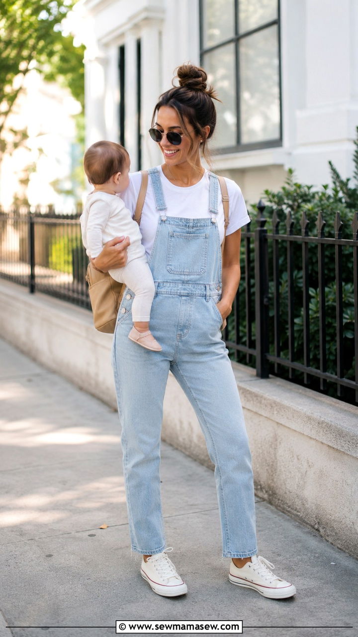 New mom denim overalls and white tee outfit - 25 new mom outfit ideas