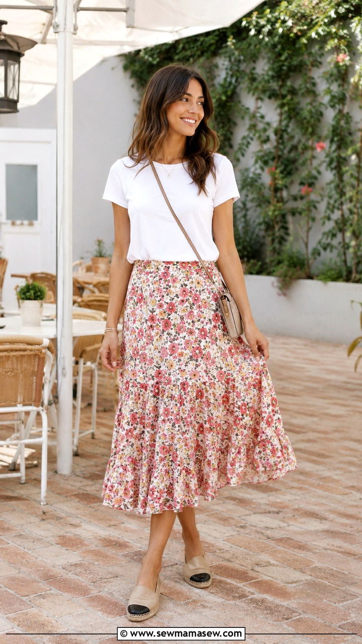 New mom flowy midi skirt and tucked tee outfit - 25 new mom outfit ideas
