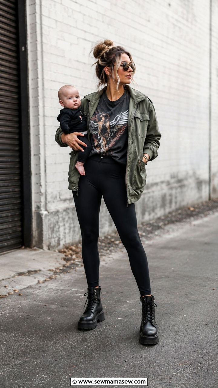 New mom graphic tee and utility jacket with leggings outfit - 25 new mom outfit ideas