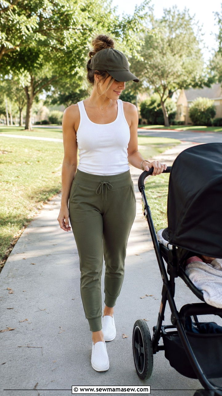 New mom high waisted joggers and fitted tank outfit - 25 new mom outfit ideas