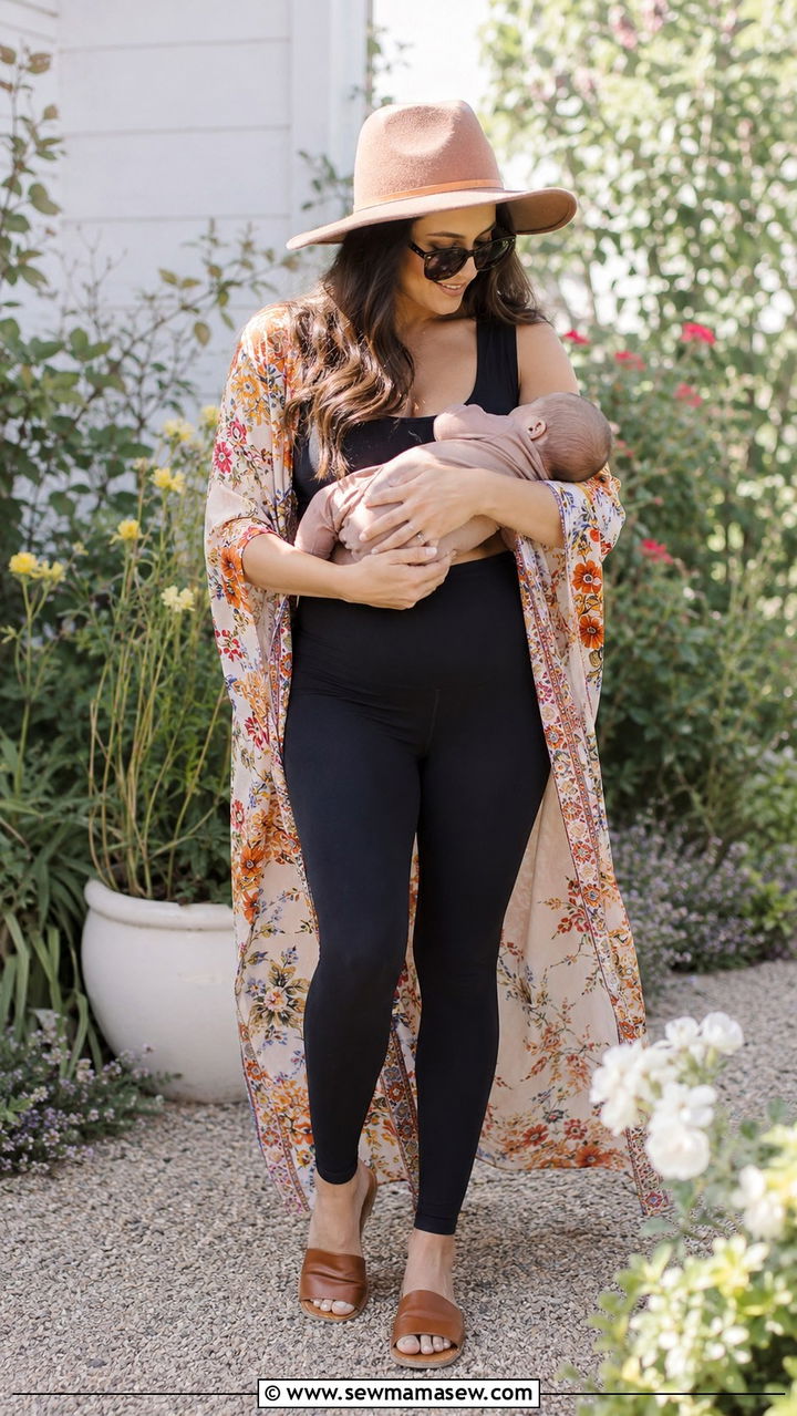 New mom kimono wrap with nursing tank and leggings outfit - 25 new mom outfit ideas