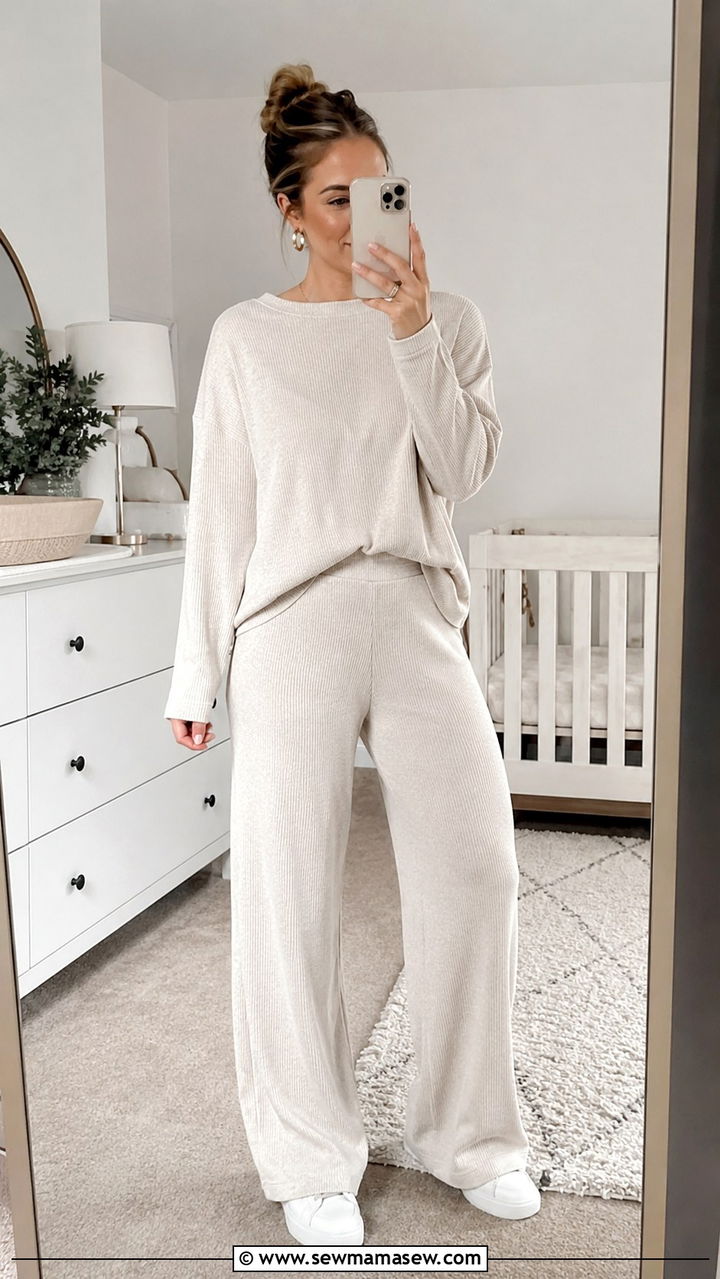New mom matching knit lounge set outfit - 25 new mom outfit ideas