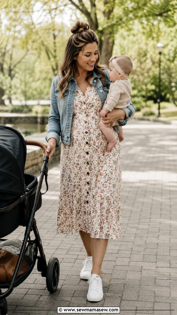 New mom nursing friendly midi dress with sneakers outfit - 25 new mom outfit ideas