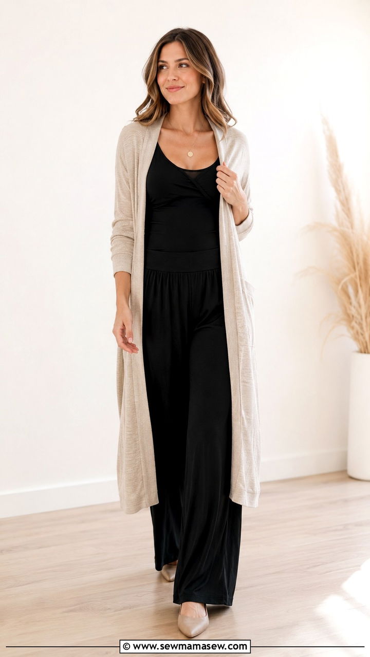 New mom nursing tank and long cardigan with wide leg pants outfit - 25 new mom outfit ideas