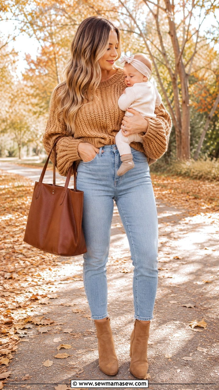 New mom soft denim and oversized knit sweater outfit - 25 new mom outfit ideas