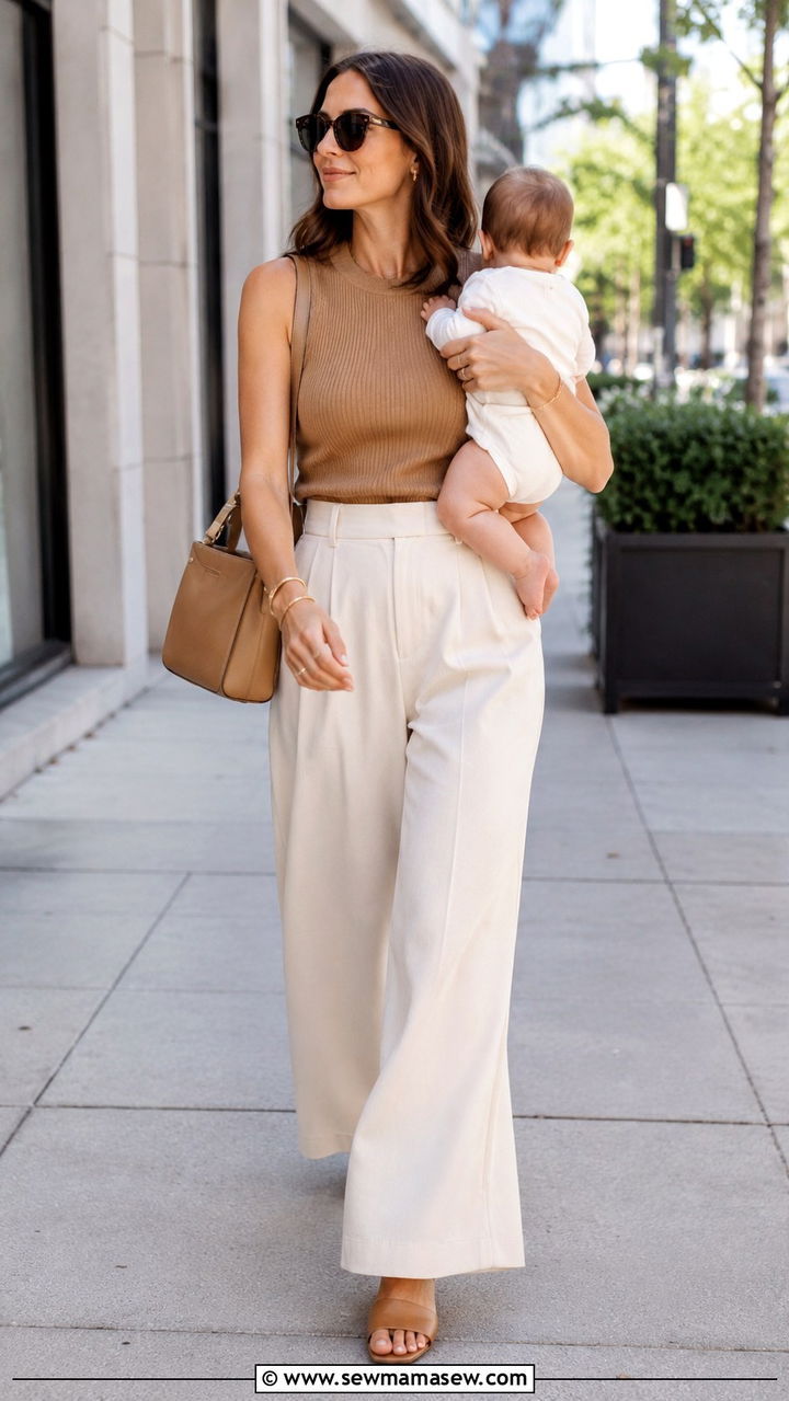 New mom wide leg pants and fitted knit top outfit - 25 new mom outfit ideas