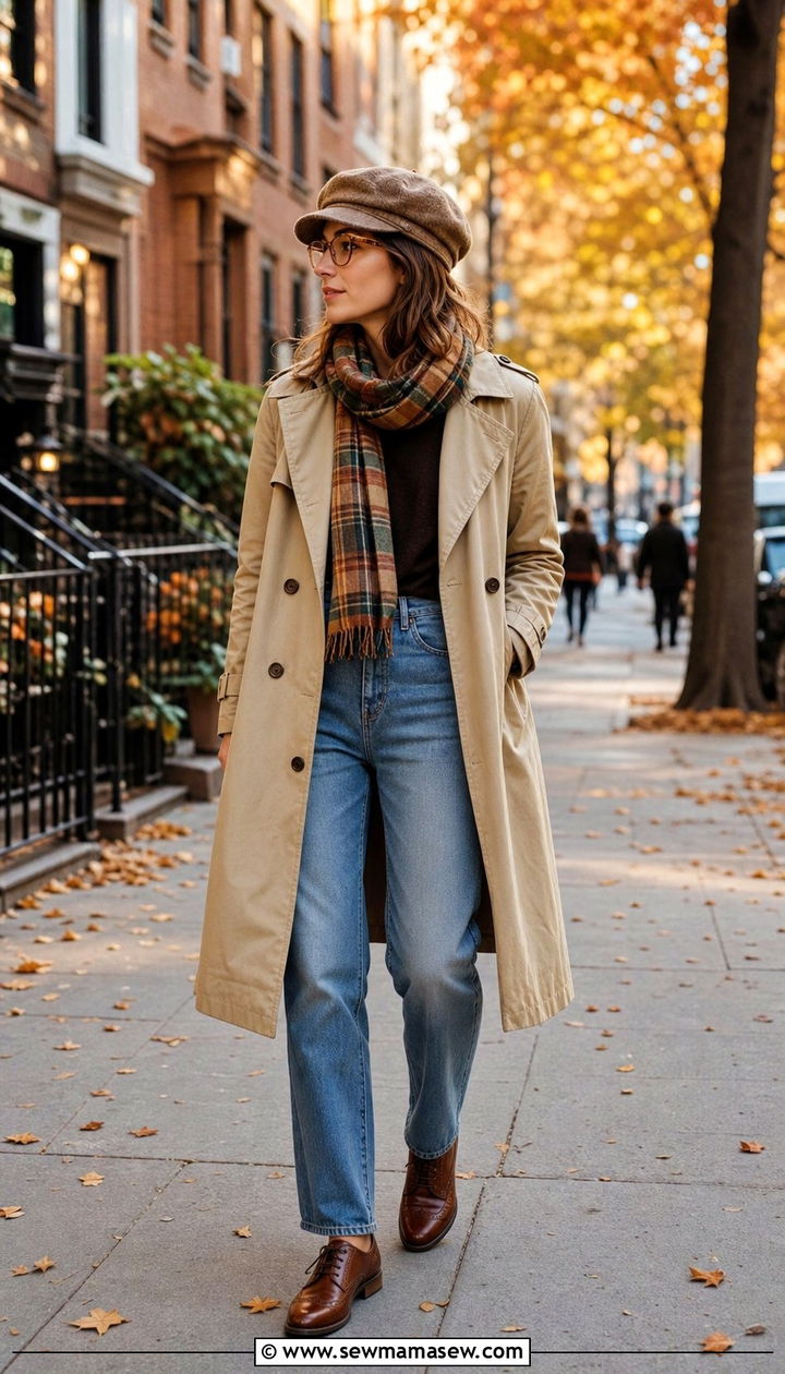 Newsboy Cap With Trench Coat Plaid Scarf and Relaxed Jeans - 25 Eclectic grandpa outfit ideas