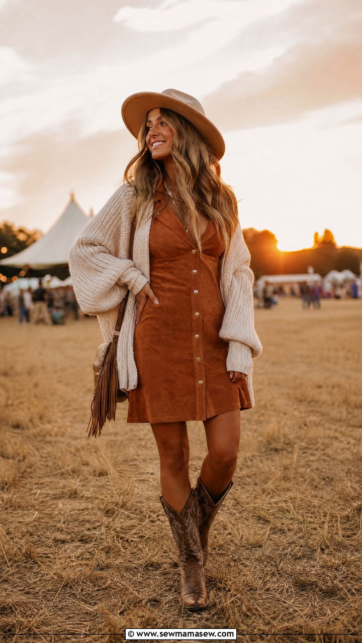 Nicia dress with western boots for a fall festival - 25 French girl outfit ideas with Sezane dress