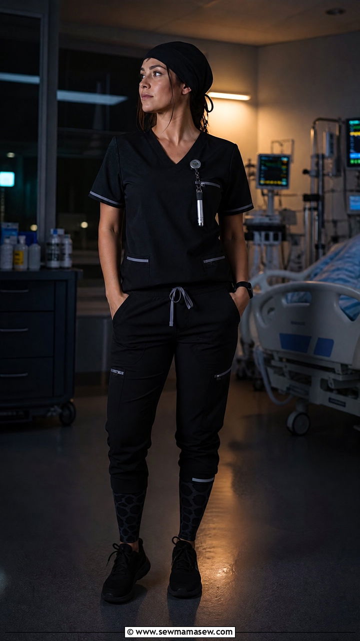Night Shift Dark Scrub Outfit With Reflective Details - 25 Icu nurse outfit ideas