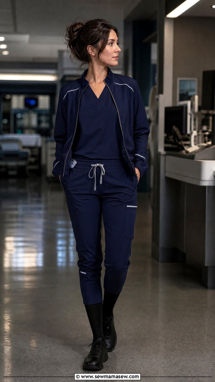 Night Shift Dark Scrubs With Reflective Details - 30 ER nurse outfit ideas