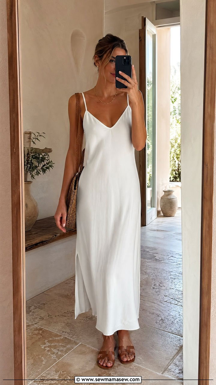 Nightgown Style Slip Dress With Flat Sandals - 35 European summer outfits