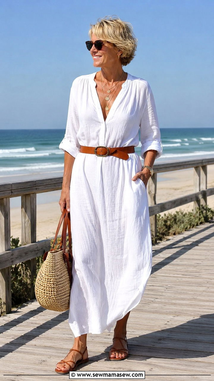 Nightgown With a Waist Belt and Sandals - 25 Pajama outfit ideas for women over 40