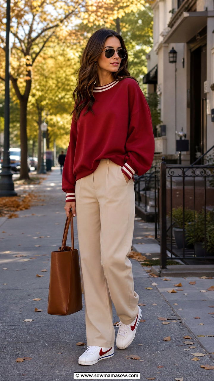 Nike Cortez With College Sweatshirt And Trousers - 25 Sporty chic outfit ideas with Nike Cortez