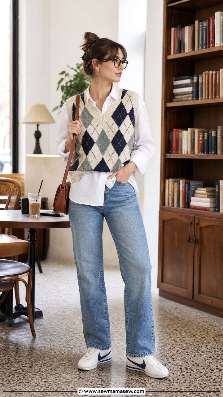 Nike Cortez With Sweater Vest And Jeans - 25 Sporty chic outfit ideas with Nike Cortez