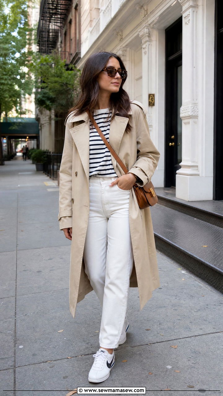 Nike Cortez With Trench Coat And White Jeans - 25 Sporty chic outfit ideas with Nike Cortez