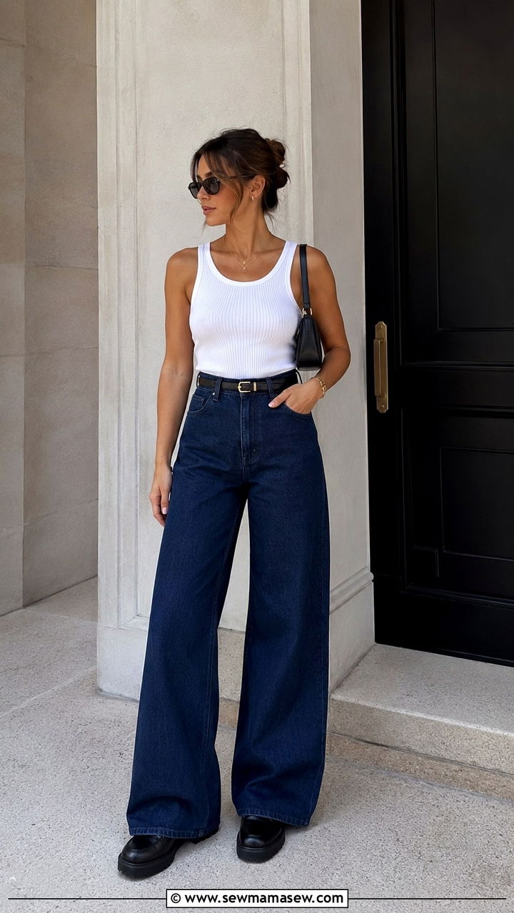 Non Distressed Wide Leg Jeans with Fitted Top - 30 Non distressed jeans outfit ideas