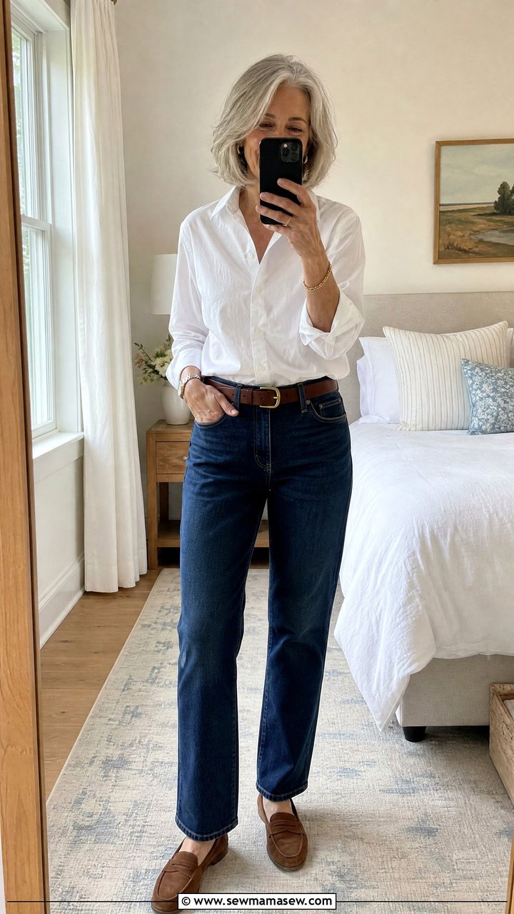 Non stretch denim and woven cotton blouse outfit over 60 - 20 Fashion mistakes to avoid over 60