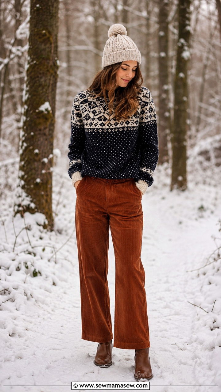 Nordic print sweater and corduroy pants - 30 Danish cozy outfit ideas