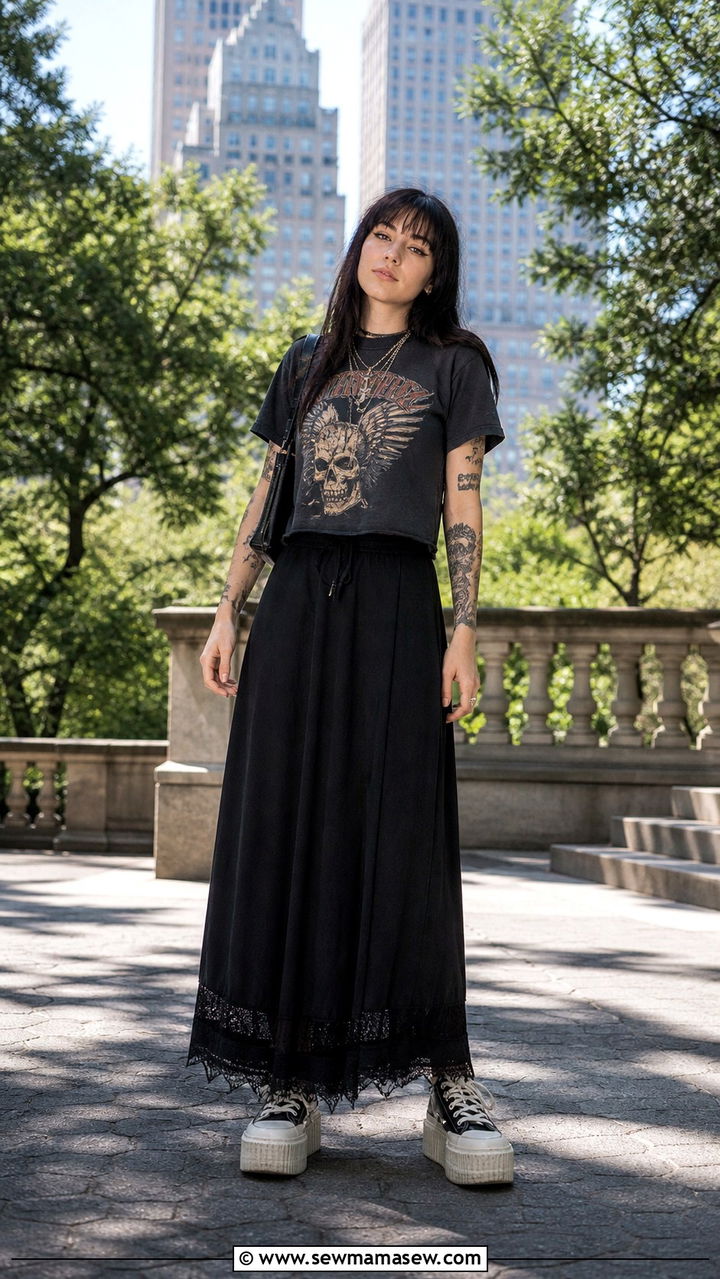 Nu goth black maxi skirt with graphic band tee and platform sneakers - 40 Gothic outfit ideas