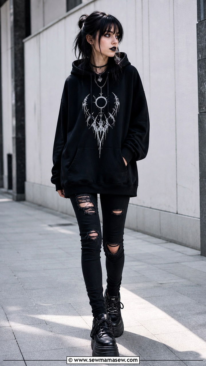 Nu goth oversized black hoodie with ripped black skinny jeans - 40 Gothic outfit ideas