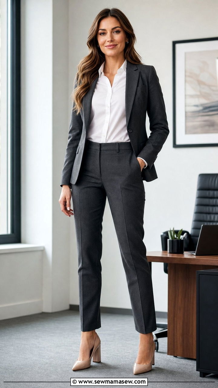 Nude Block Heel Pumps with Tailored Trousers - 35 block heel outfit ideas