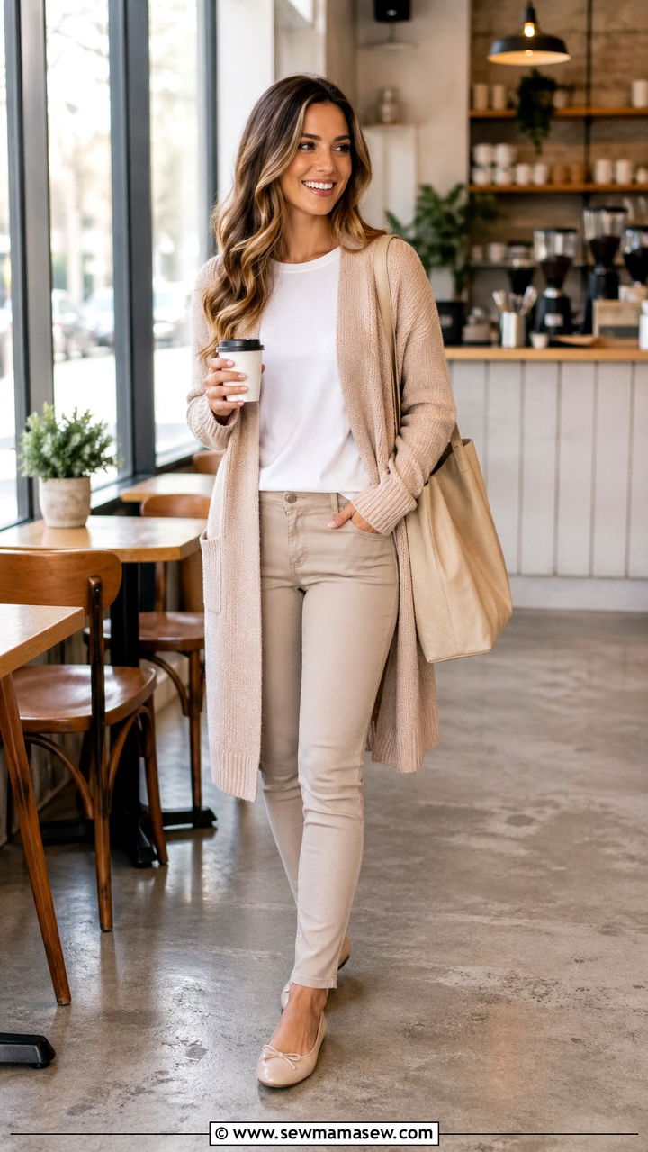 Nude Cardigan With White Tee Outfit - 40 All nude outfit ideas