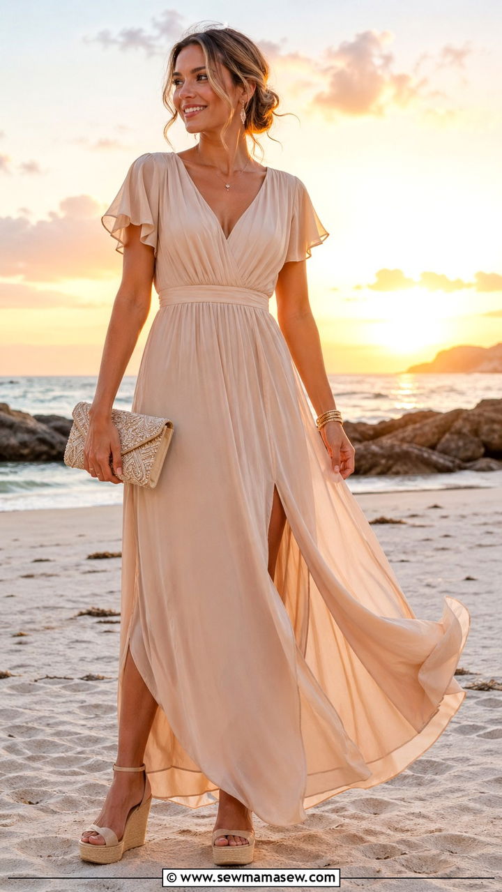 Nude Flowy Maxi Dress With Wedges - 40 All nude outfit ideas