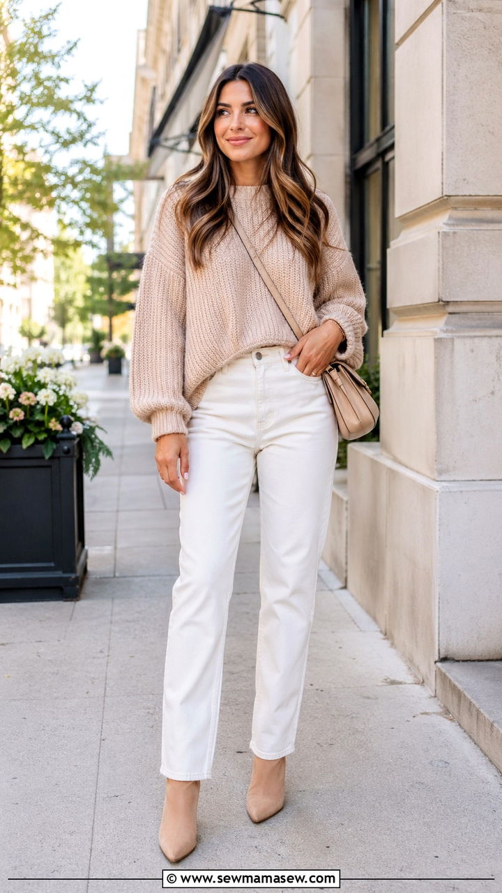 Nude Oversized Sweater With White Jeans - 40 All nude outfit ideas