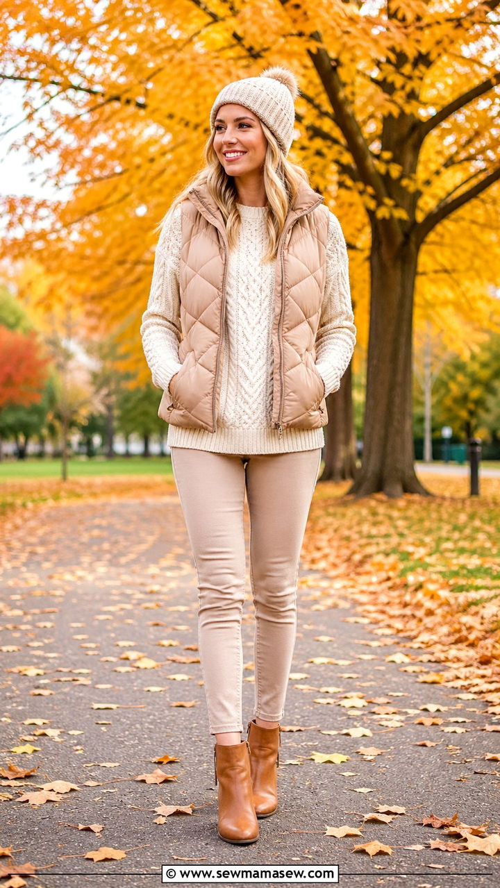 Nude Puffer Vest With Knit Sweater - 40 All nude outfit ideas
