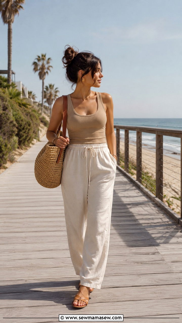 Nude Ribbed Tank With Cream Drawstring Linen Pants - 25 Petite clean girl outfit ideas