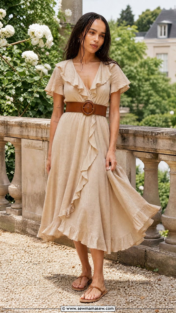 Nude Ruffle Tea Length Dress With Wide Brown Belt - 20 Zoe Kravitz spring outfit ideas
